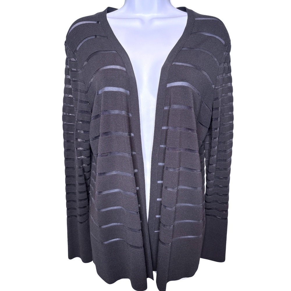 Lafayette 148 Womens Black Sheer Striped Open Front Cardigan Sweater Sz M Career